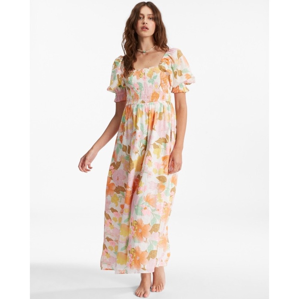 Billabong Floral Maxi Dress Smocked Puff Sleeve Cottagecore Boho Pink Orange M
